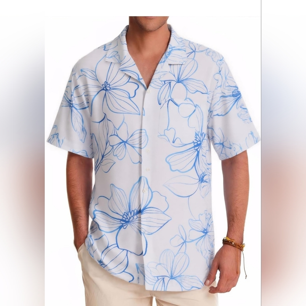 White‎ and Blue Floral Camp, Cruise, Vacation, Tropical Resortwear, SZ Large